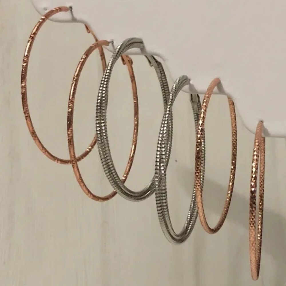 Textured Hoop Statement Earrings Silver & Gold Toned 3 Pair